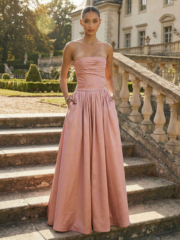 Satin A-Line/Princess Strapless Floor-Length Formal Dresses with Pockets