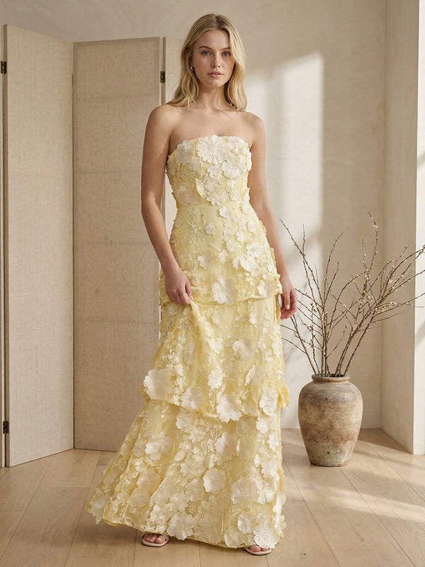 Lace A-Line/Princess Strapless Floor-Length Formal Dresses with Appliques
