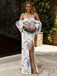 Floral Print Sheath/Column Off Shoulder Floor-Length Formal Dresses with Slit