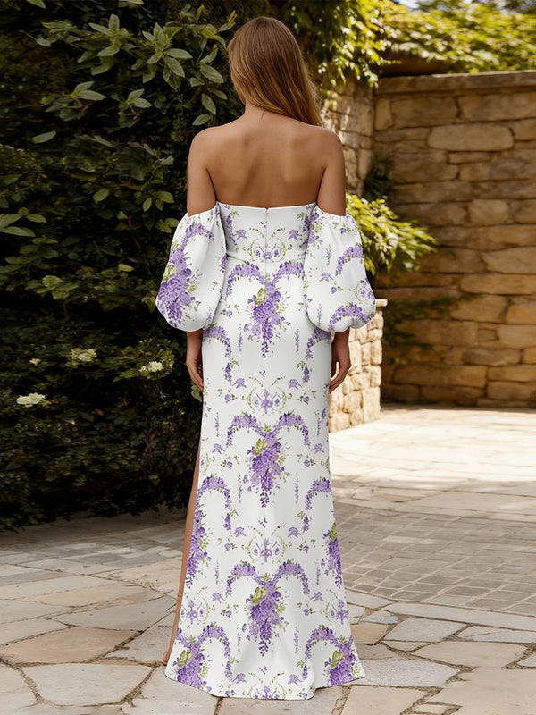 Floral Print Sheath/Column Off Shoulder Floor-Length Formal Dresses with Slit