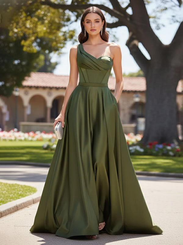 Satin A-Line/Princess One Shoulder Floor-Length Formal Dresses with Corset Bodice