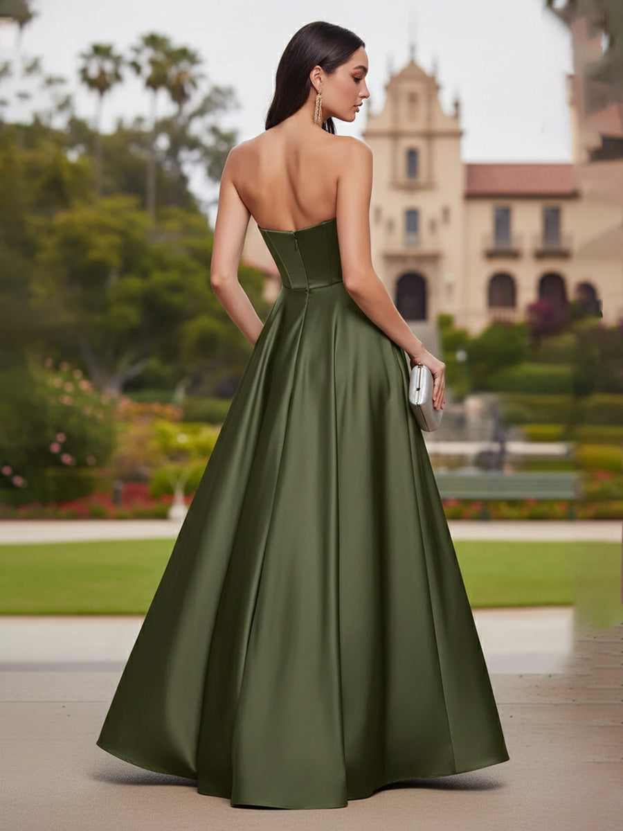 Satin A-Line/Princess One Shoulder Floor-Length Formal Dresses with Corset Bodice
