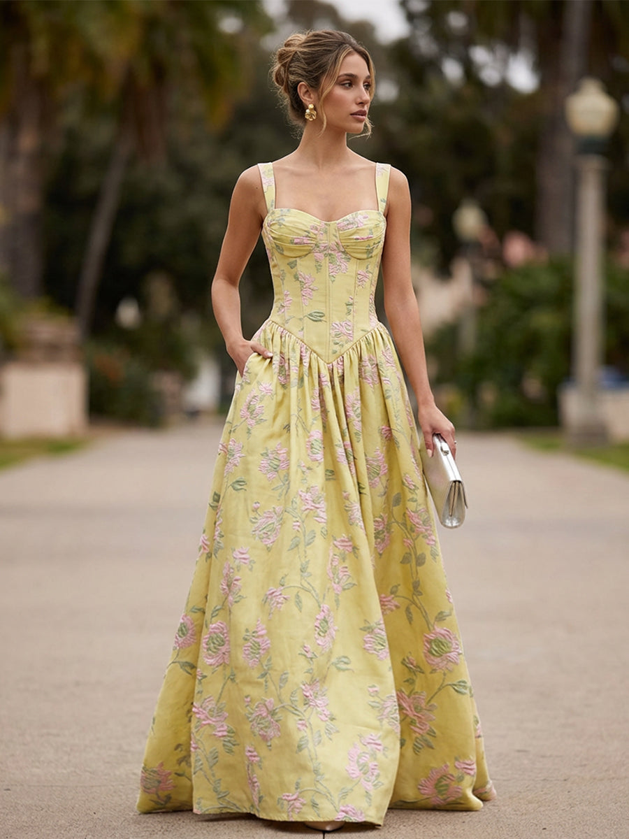 Jacquard A-Line/Princess Square Neck Floor-Length Formal Dresses with Corset Bodice