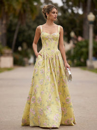 Jacquard A-Line/Princess Square Neck Floor-Length Formal Dresses with Corset Bodice