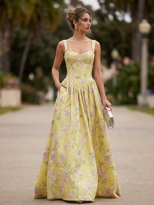 Jacquard A-Line/Princess Square Neck Floor-Length Formal Dresses with Corset Bodice