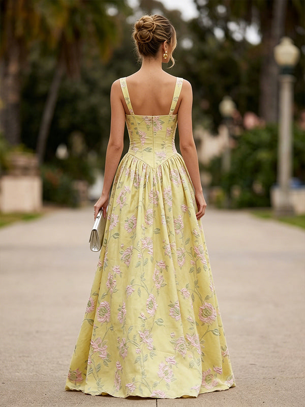 Jacquard A-Line/Princess Square Neck Floor-Length Formal Dresses with Corset Bodice