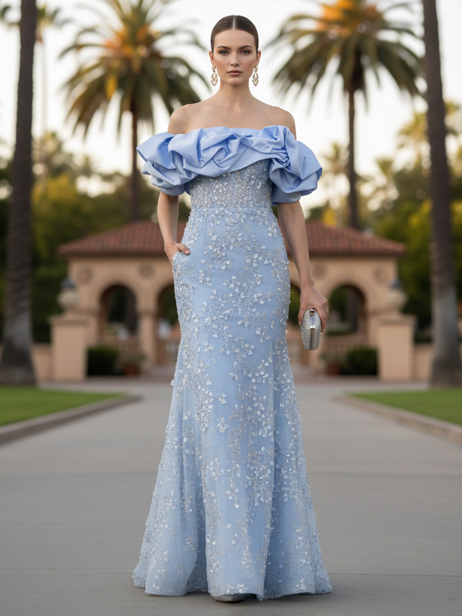 Lace Appliques Sheath/Column Off Shoulder Floor-Length Formal Dresses with Sequin