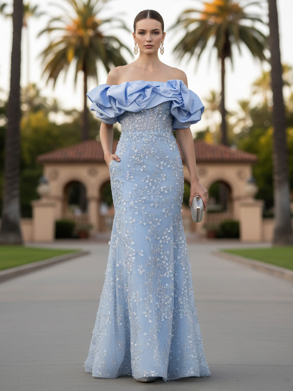 Lace Appliques Sheath/Column Off Shoulder Floor-Length Formal Dresses with Sequin