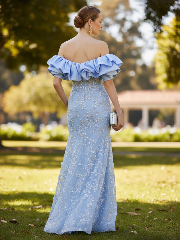 Lace Appliques Sheath/Column Off Shoulder Floor-Length Formal Dresses with Sequin