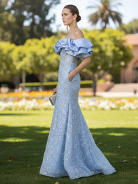 Lace Appliques Sheath/Column Off Shoulder Floor-Length Formal Dresses with Sequin