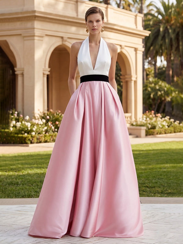 Satin A-Line/Princess Halter Floor-Length Formal Dresses with Pockets
