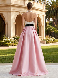 Satin A-Line/Princess Halter Floor-Length Formal Dresses with Pockets
