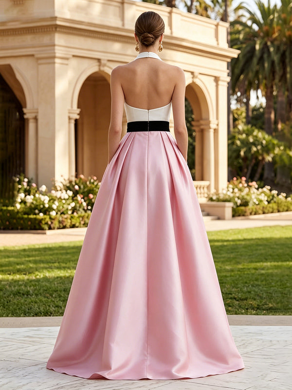 Satin A-Line/Princess Halter Floor-Length Formal Dresses with Pockets