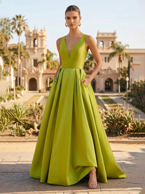 Satin A-Line/Princess V-Neck Floor-Length Formal Dresses with Pleated