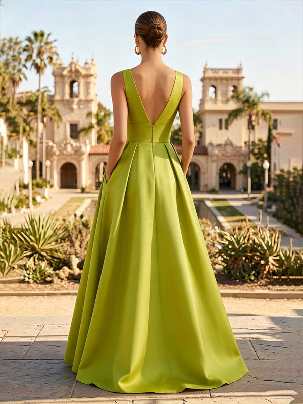 Satin A-Line/Princess V-Neck Floor-Length Formal Dresses with Pleated