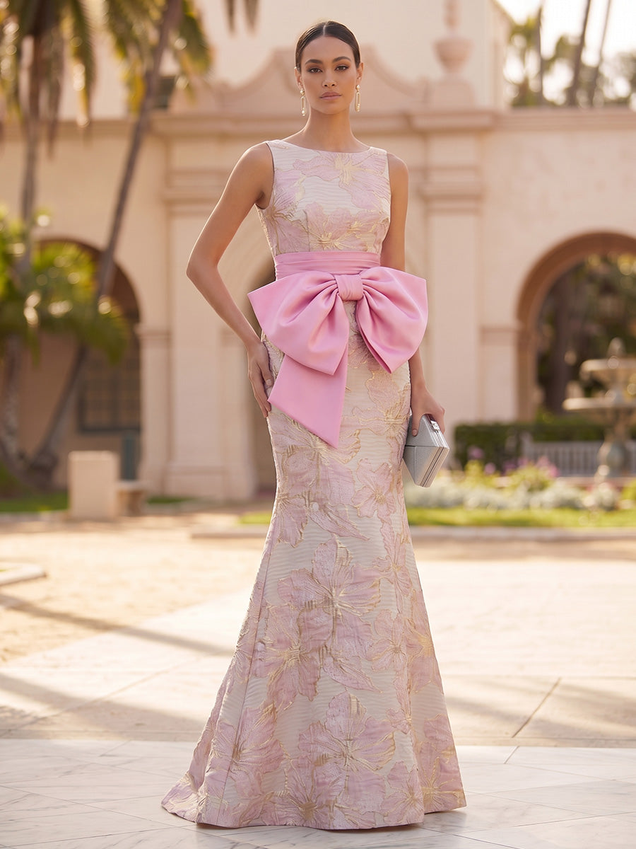 Jacquard Mermaid/Trumpet Scoop Neck Floor-Length Formal Dresses with Bow