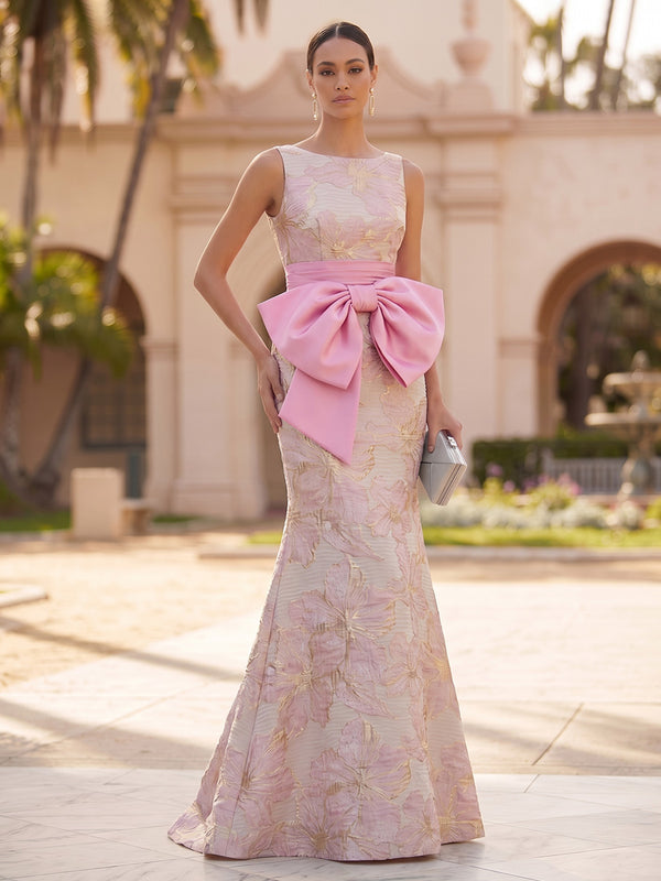 Jacquard Mermaid/Trumpet Scoop Neck Floor-Length Formal Dresses with Bow