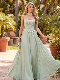 Chiffon A-Line/Princess Strapless Floor-Length Formal Dresses with Sequin Bodice, Scarf & Pleated