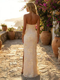 Tulle Sheath/Column Halter Floor-Length Formal Dresses with Appliques & Slit