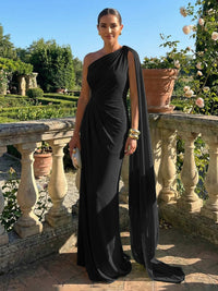 Stretch Mesh Sheath/Column One Shoulder Floor-Length Formal Dresses with Ribbon