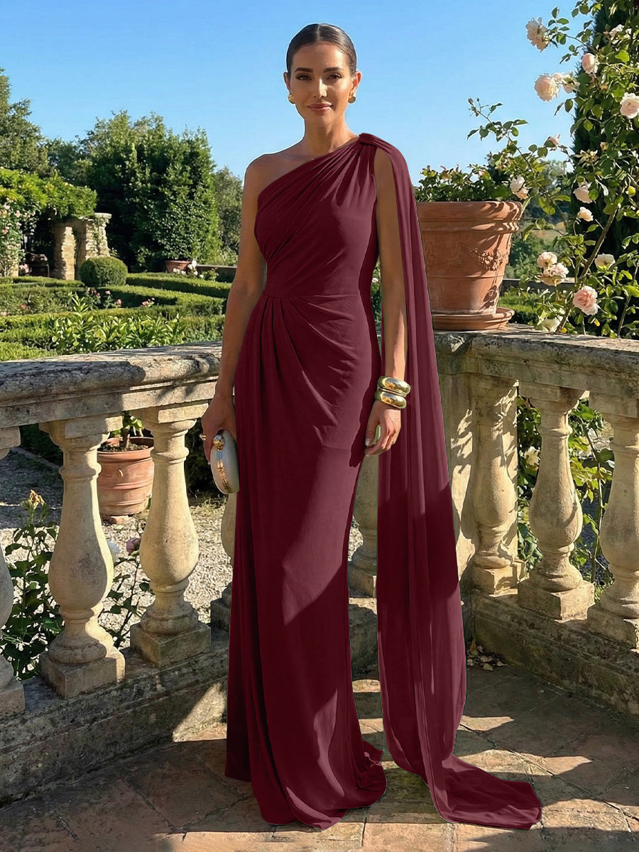 Stretch Mesh Sheath/Column One Shoulder Floor-Length Formal Dresses with Ribbon