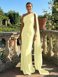 Stretch Mesh Sheath/Column One Shoulder Floor-Length Formal Dresses with Ribbon