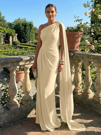 Stretch Mesh Sheath/Column One Shoulder Floor-Length Formal Dresses with Ribbon