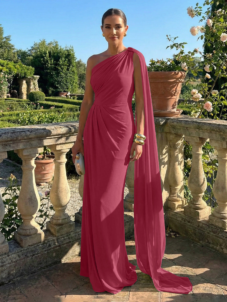 Stretch Mesh Sheath/Column One Shoulder Floor-Length Formal Dresses with Ribbon