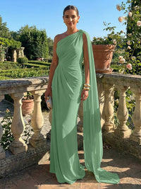 Stretch Mesh Sheath/Column One Shoulder Floor-Length Formal Dresses with Ribbon