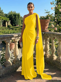 Stretch Mesh Sheath/Column One Shoulder Floor-Length Formal Dresses with Ribbon