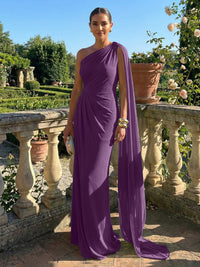 Stretch Mesh Sheath/Column One Shoulder Floor-Length Formal Dresses with Ribbon