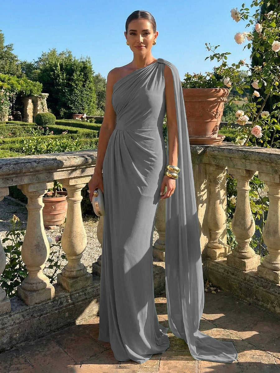 Stretch Mesh Sheath/Column One Shoulder Floor-Length Formal Dresses with Ribbon