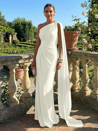 Stretch Mesh Sheath/Column One Shoulder Floor-Length Formal Dresses with Ribbon
