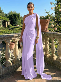 Stretch Mesh Sheath/Column One Shoulder Floor-Length Formal Dresses with Ribbon