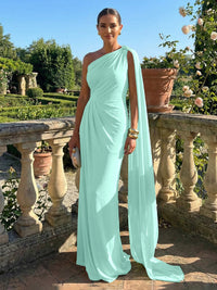 Stretch Mesh Sheath/Column One Shoulder Floor-Length Formal Dresses with Ribbon