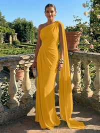 Stretch Mesh Sheath/Column One Shoulder Floor-Length Formal Dresses with Ribbon