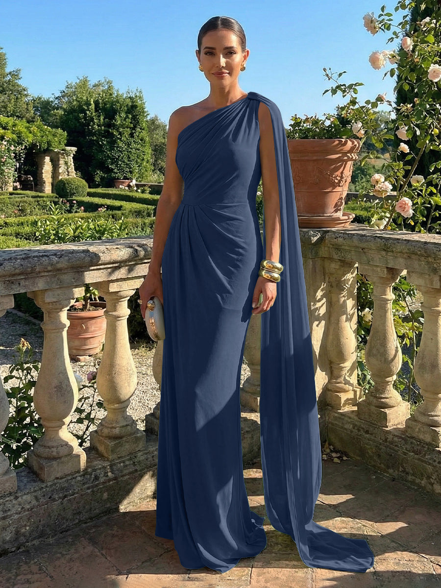 Stretch Mesh Sheath/Column One Shoulder Floor-Length Formal Dresses with Ribbon