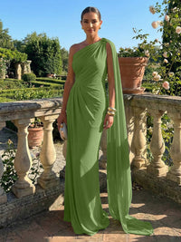 Stretch Mesh Sheath/Column One Shoulder Floor-Length Formal Dresses with Ribbon