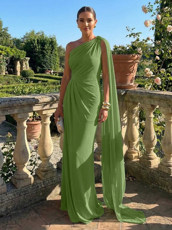 Stretch Mesh Sheath/Column One Shoulder Floor-Length Formal Dresses with Ribbon