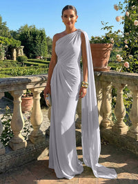 Stretch Mesh Sheath/Column One Shoulder Floor-Length Formal Dresses with Ribbon