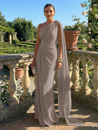Stretch Mesh Sheath/Column One Shoulder Floor-Length Formal Dresses with Ribbon