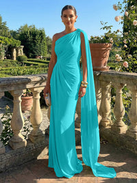 Stretch Mesh Sheath/Column One Shoulder Floor-Length Formal Dresses with Ribbon