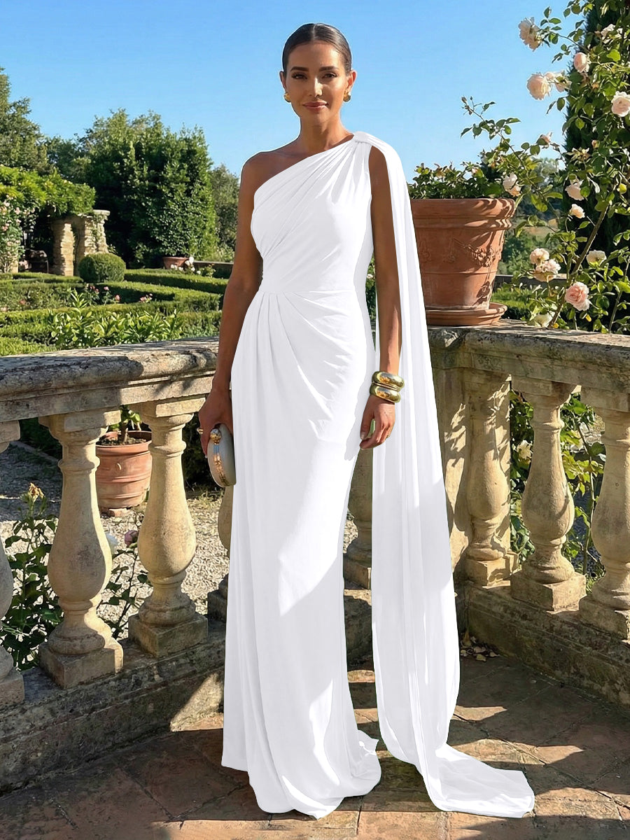Stretch Mesh Sheath/Column One Shoulder Floor-Length Formal Dresses with Ribbon