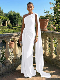 Stretch Mesh Sheath/Column One Shoulder Floor-Length Formal Dresses with Ribbon