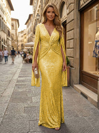 Sequin Sheath/Column V-Neck Floor-Length Formal Dresses with Ruched Waist