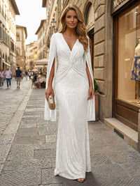 Sequin Sheath/Column V-Neck Floor-Length Formal Dresses with Ruched Waist