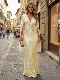 Sequin Sheath/Column V-Neck Floor-Length Formal Dresses with Ruched Waist