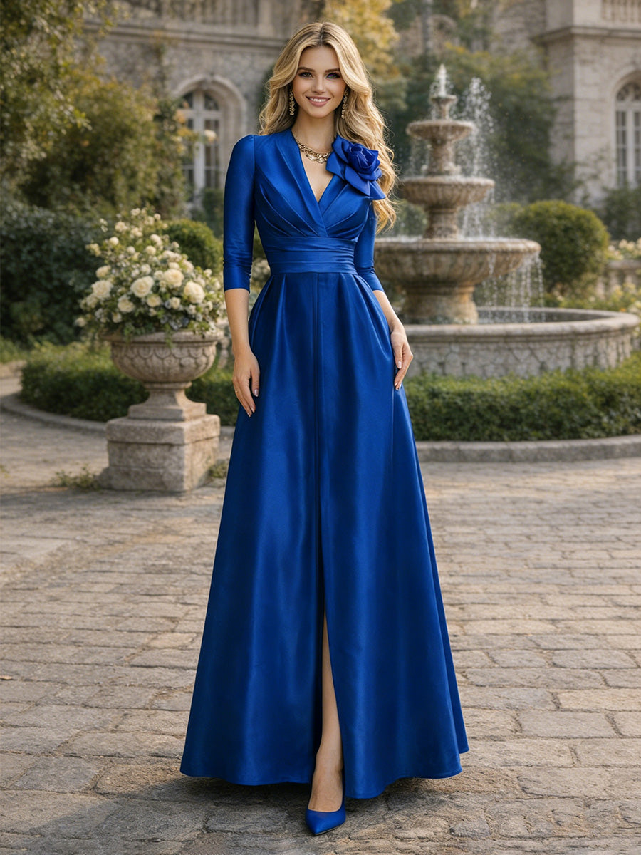 Satin A-Line/Princess V-Neck Floor-Length Formal Dresses with Ruched Waist