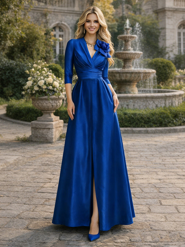 Satin A-Line/Princess V-Neck Floor-Length Formal Dresses with Ruched Waist