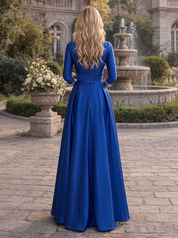 Satin A-Line/Princess V-Neck Floor-Length Formal Dresses with Ruched Waist